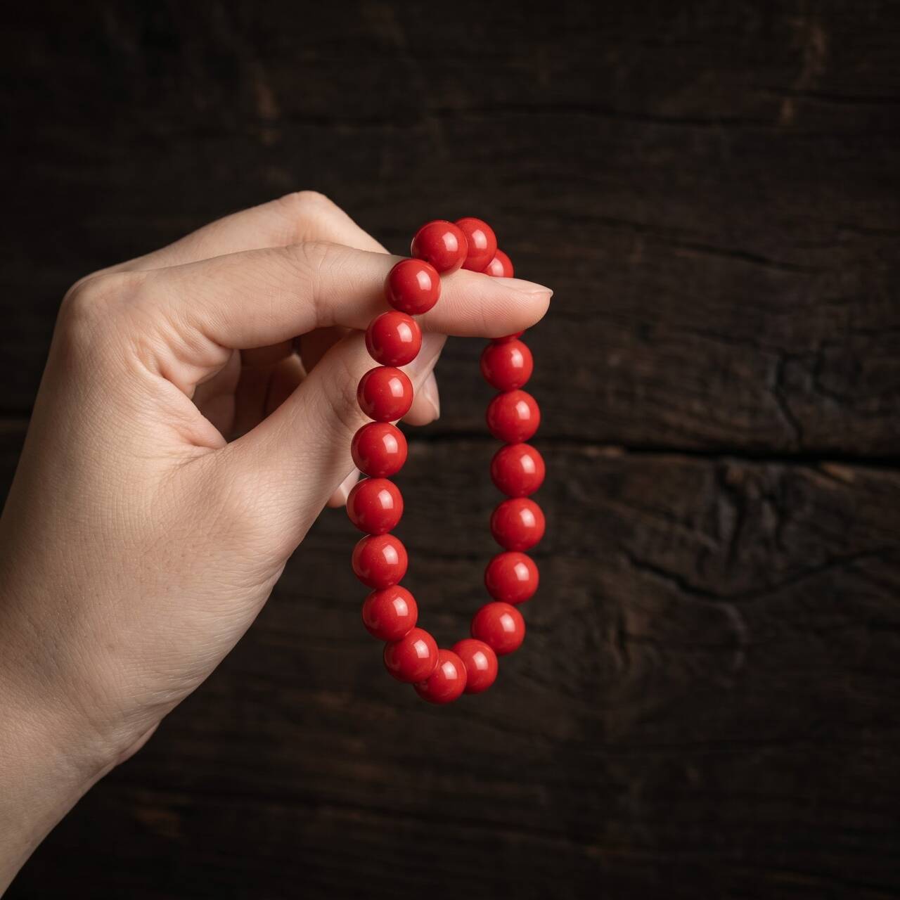 Rich red cinnabar bracelet held in hand in natural light