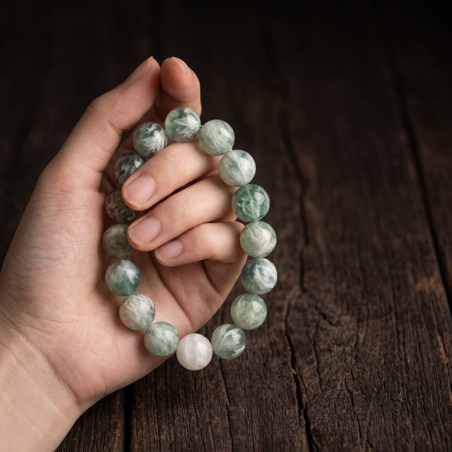 Green-and-white marbled 10mm bead bracelet held in one hand over dark wood