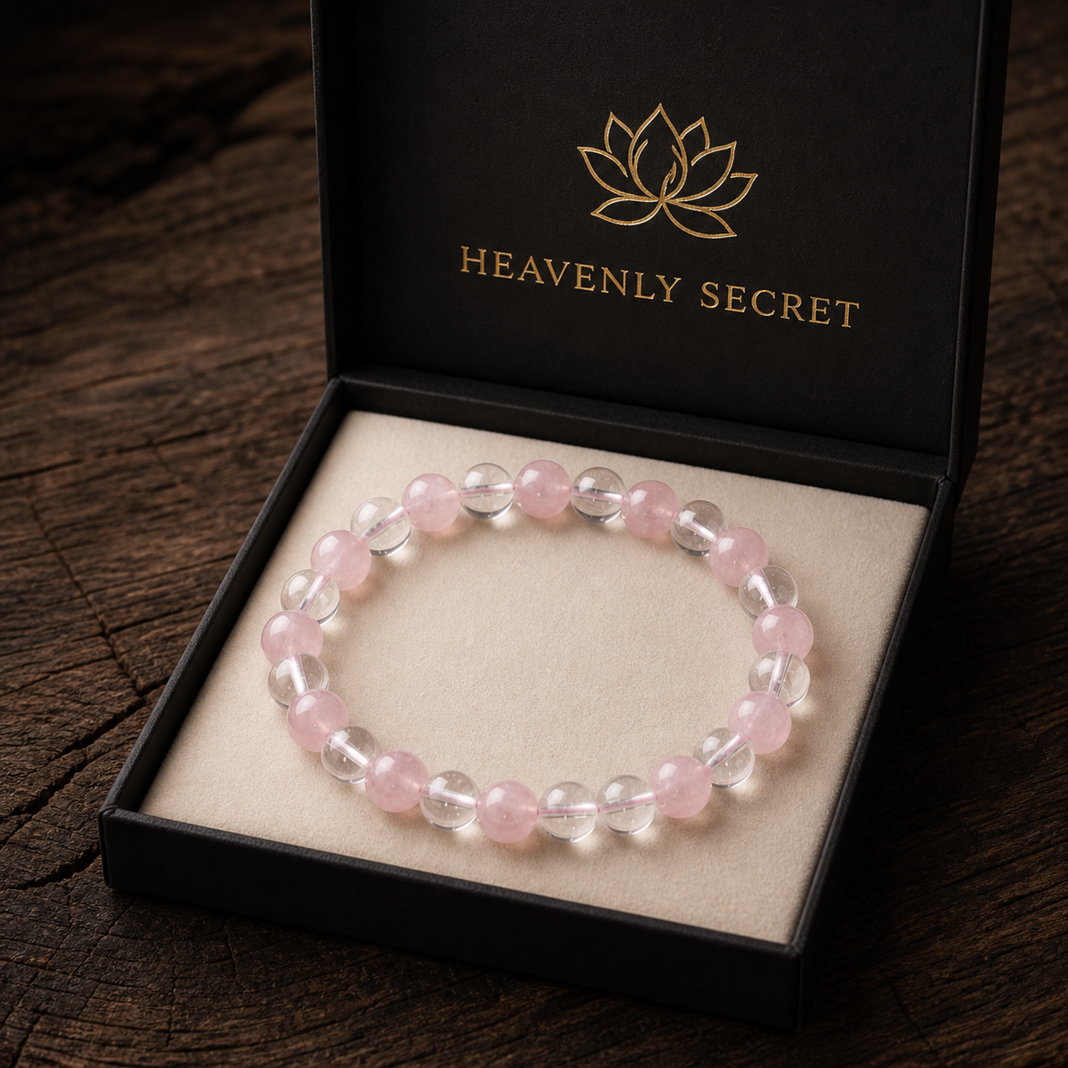 Heavenly Secret presentation packaging with the natural rose quartz and white crystal bracelet