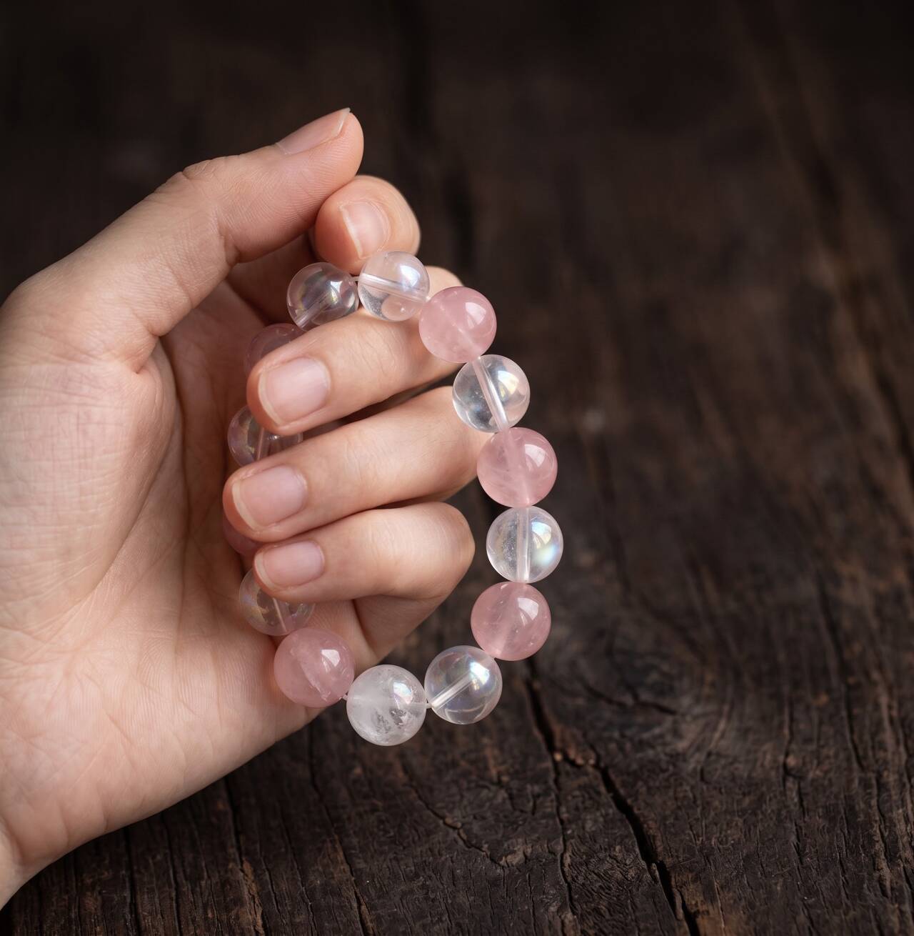 10mm rose quartz, White Crystal, and White Phantom Quartz bracelet held in hand
