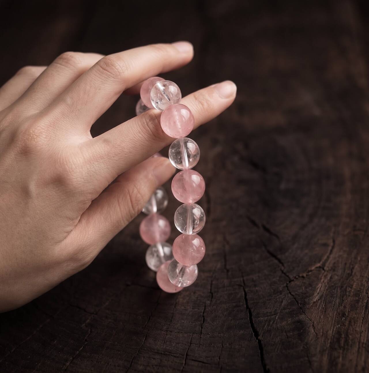 10mm White Crystal and rose quartz bracelet held in hand under natural light