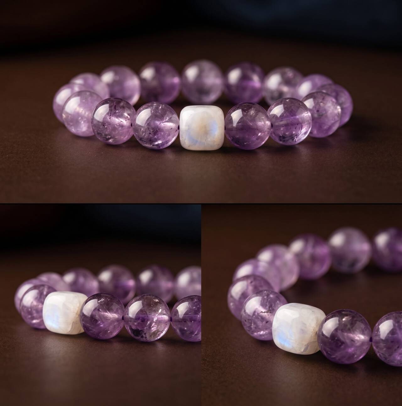 Wrist view of a 10mm amethyst bead bracelet