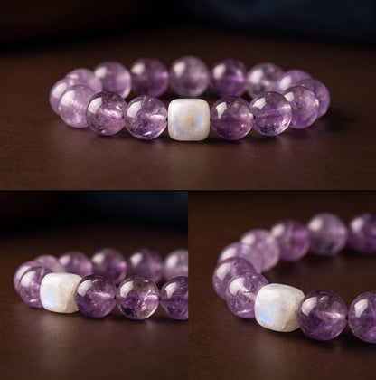 Wrist view of a 10mm amethyst bead bracelet