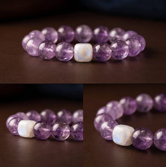 Wrist view of a 10mm amethyst bead bracelet
