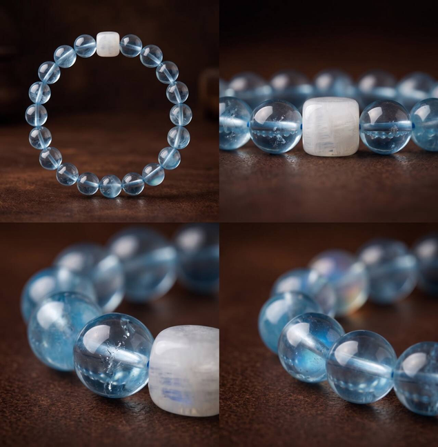 Close-up of clear blue translucent 10mm aquamarine beads