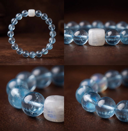 Close-up of clear blue translucent 10mm aquamarine beads