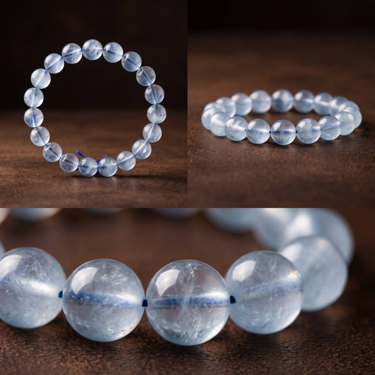 Close-up of icy pale blue translucent 10mm aquamarine beads