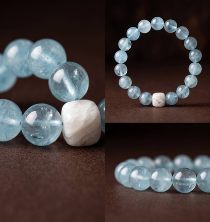 Close-up of misty aqua 10mm aquamarine bracelet beads