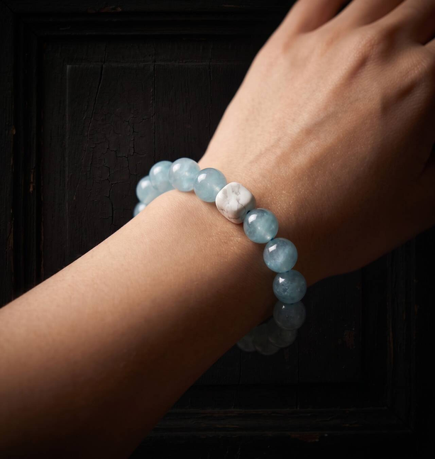 Misty aqua 10mm aquamarine bracelet worn on the wrist
