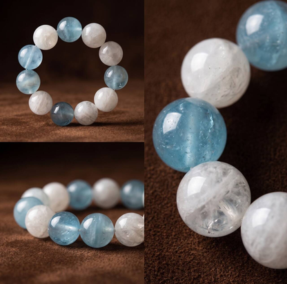 Close-up of 10mm aquamarine and Snow White Phantom Quartz beads in blue and white tones