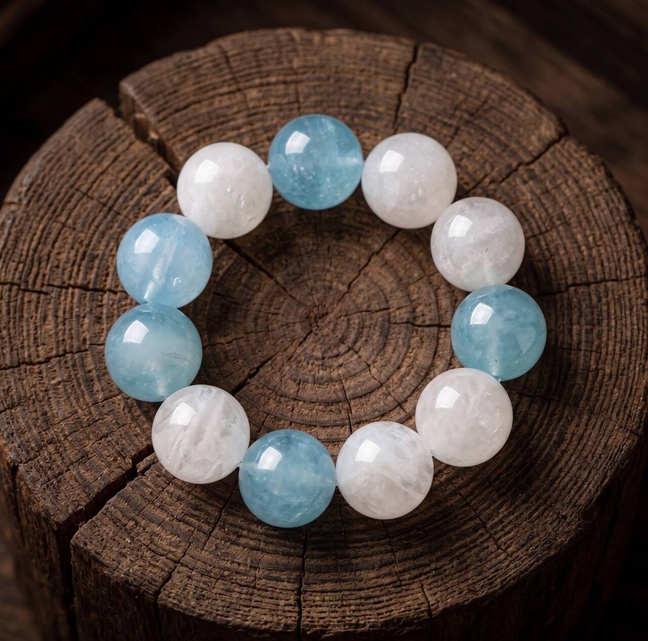 10mm aquamarine and Snow White Phantom Quartz bead bracelet in the main product view