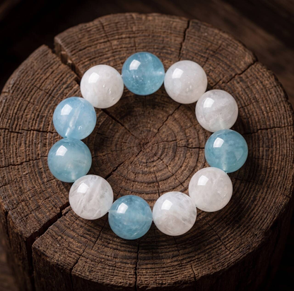 10mm aquamarine and Snow White Phantom Quartz bead bracelet in the main product view