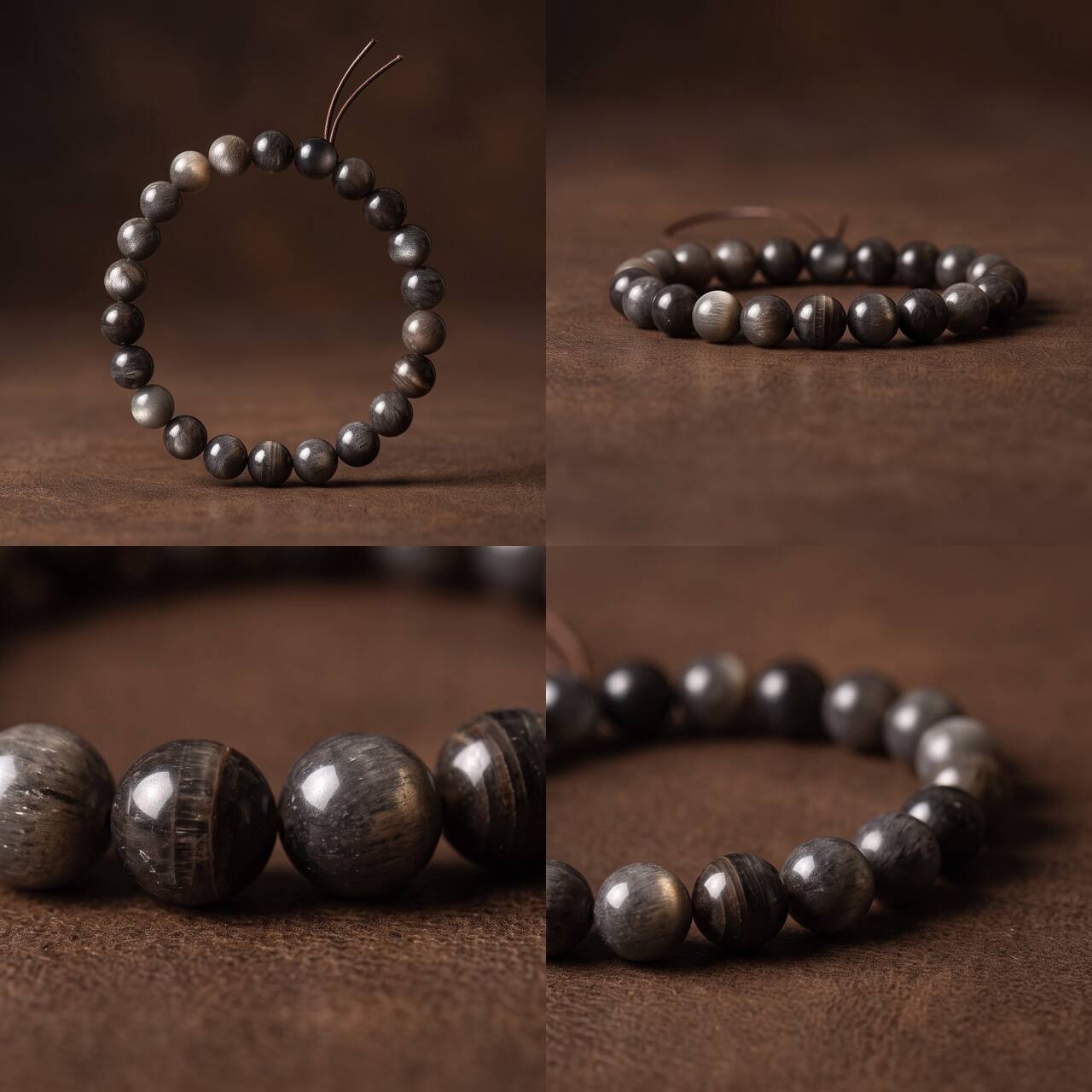Close-up of dark 7mm Black Gold Sunstone beads with golden shimmer