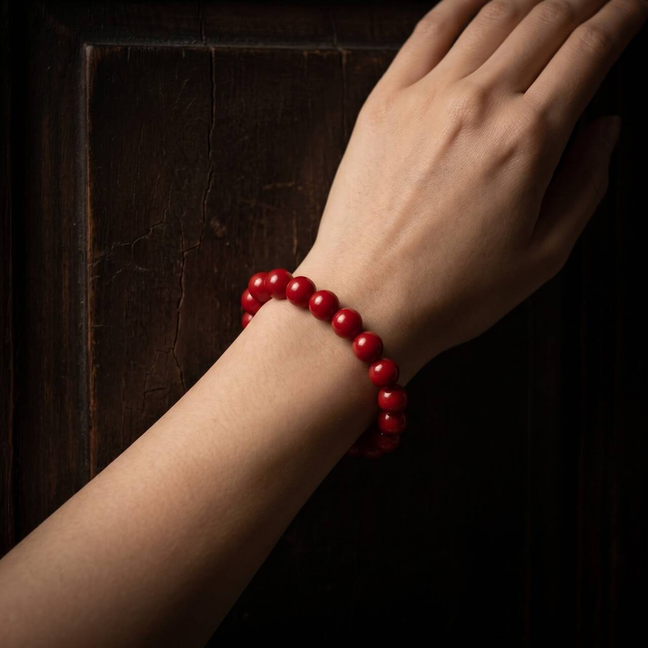 Rich red cinnabar bracelet worn on the wrist