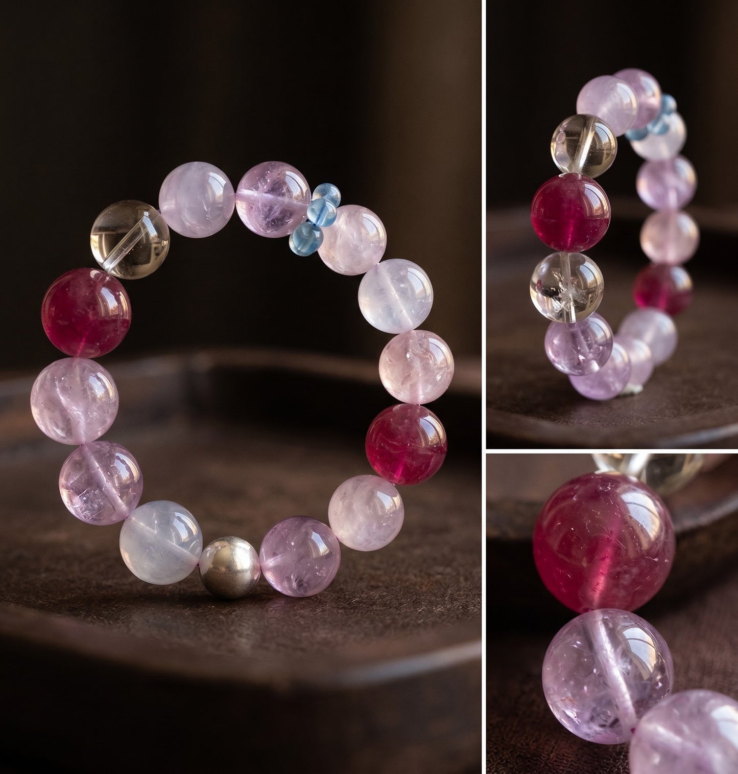 Close-up of 10mm clear-toned crystal and rose quartz beads