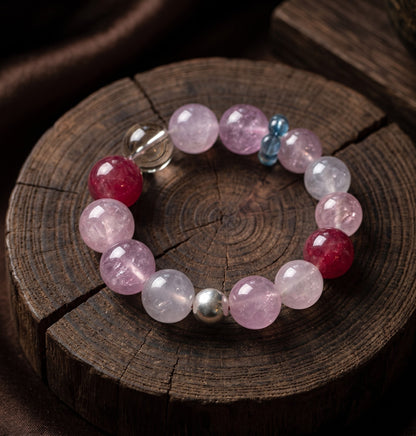 10mm clear-toned crystal and rose quartz bracelet in the main product view