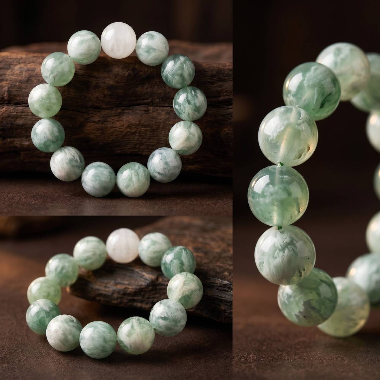 Close-up collage of green-and-white marbled 10mm beads and one pale bead