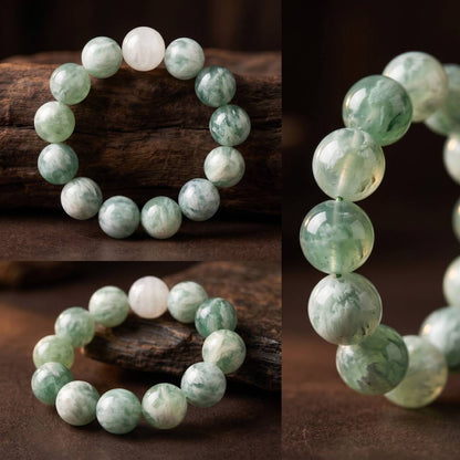 Close-up collage of green-and-white marbled 10mm beads and one pale bead