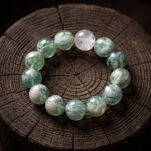 Green-and-white marbled 10mm bead bracelet arranged on a dark wooden surface