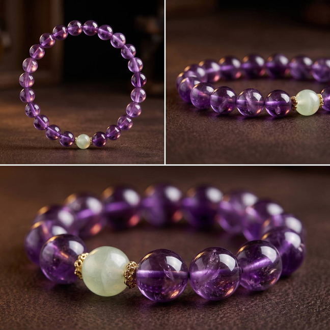 Detailed close-up of soft purple 10mm amethyst bracelet beads
