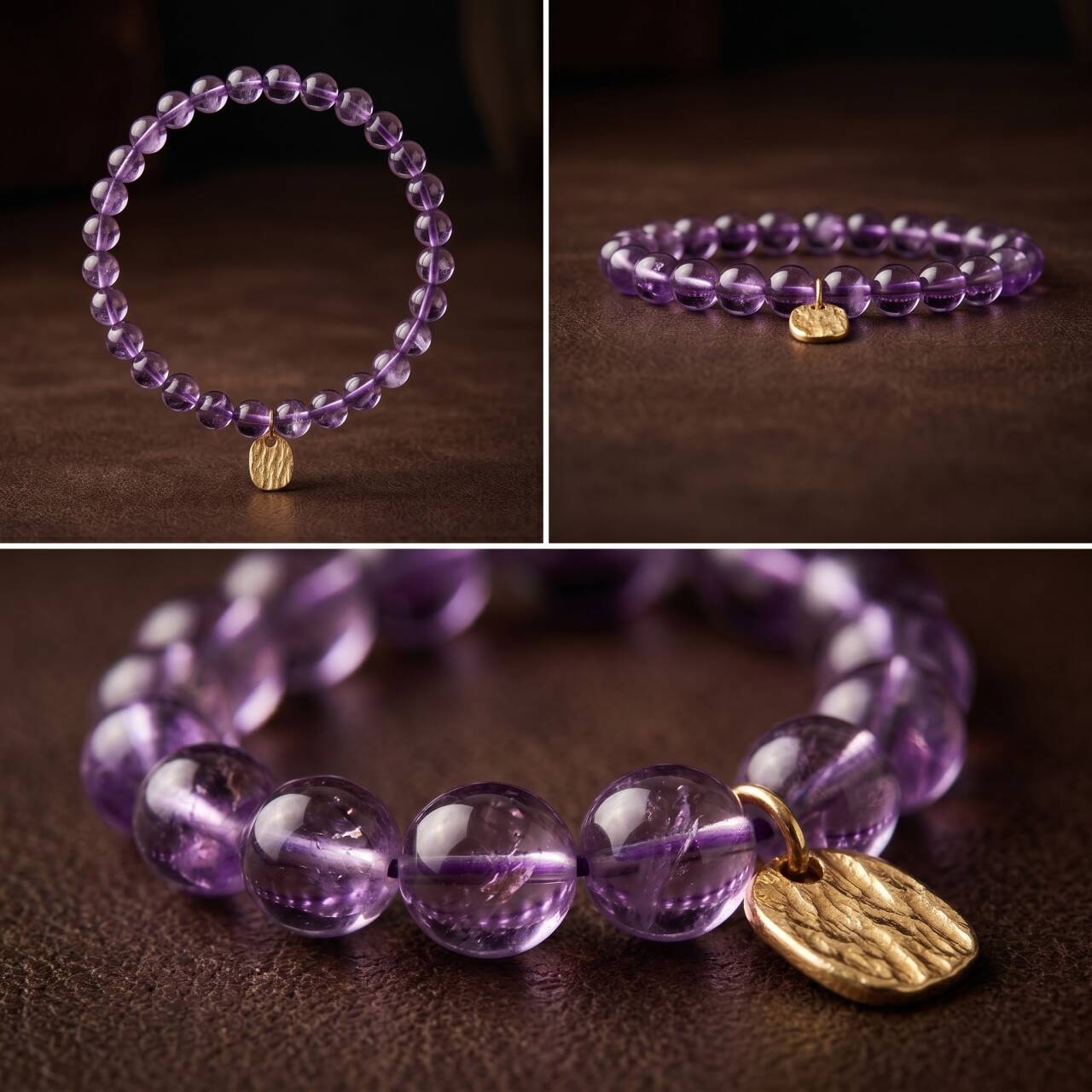Close-up of 6mm amethyst beads in soft purple tones