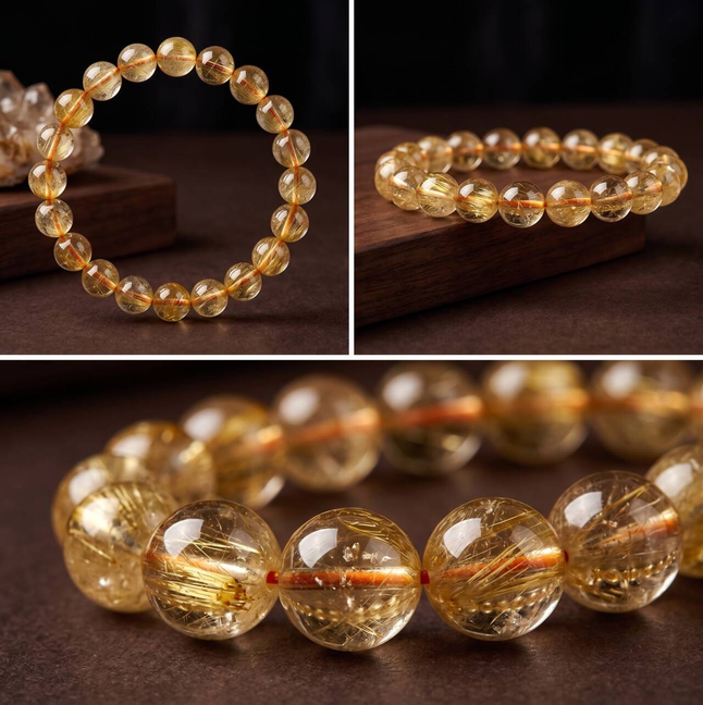 Close-up of natural 10mm citrine beads in warm golden tones