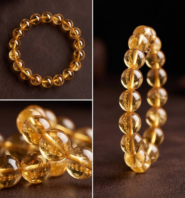 Close-up of natural 10mm citrine beads in golden-yellow tones