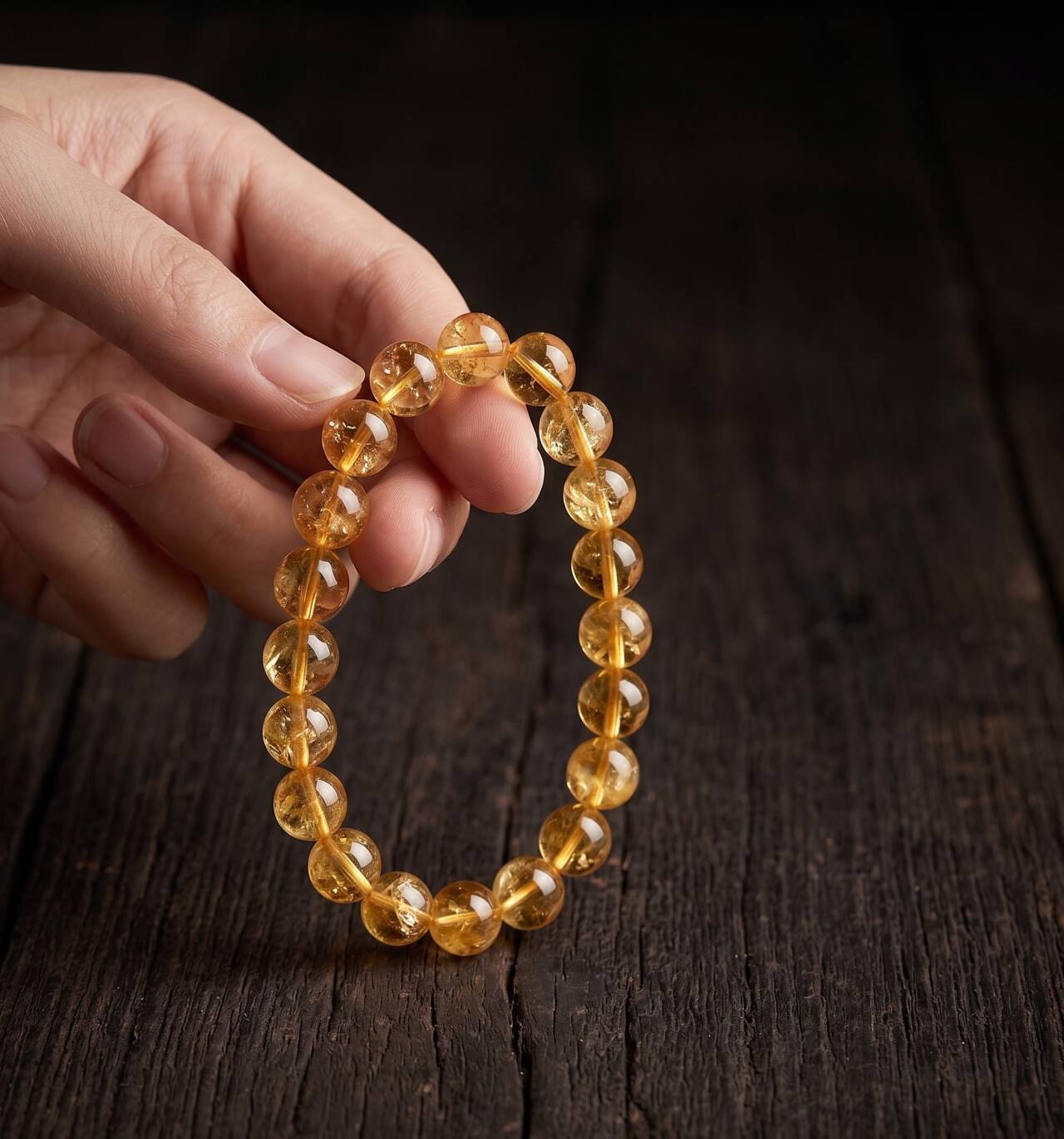 Natural 10mm citrine bracelet held in hand under natural light