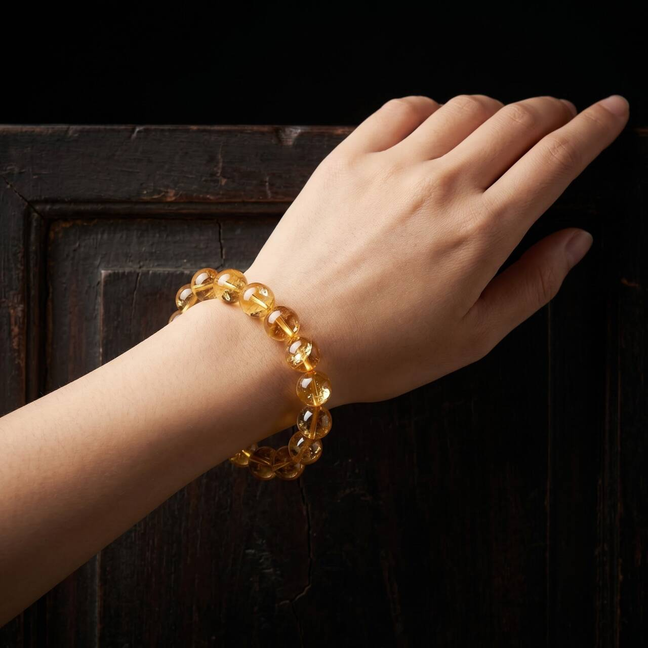 Natural 10mm golden-yellow citrine bracelet shown on the left wrist
