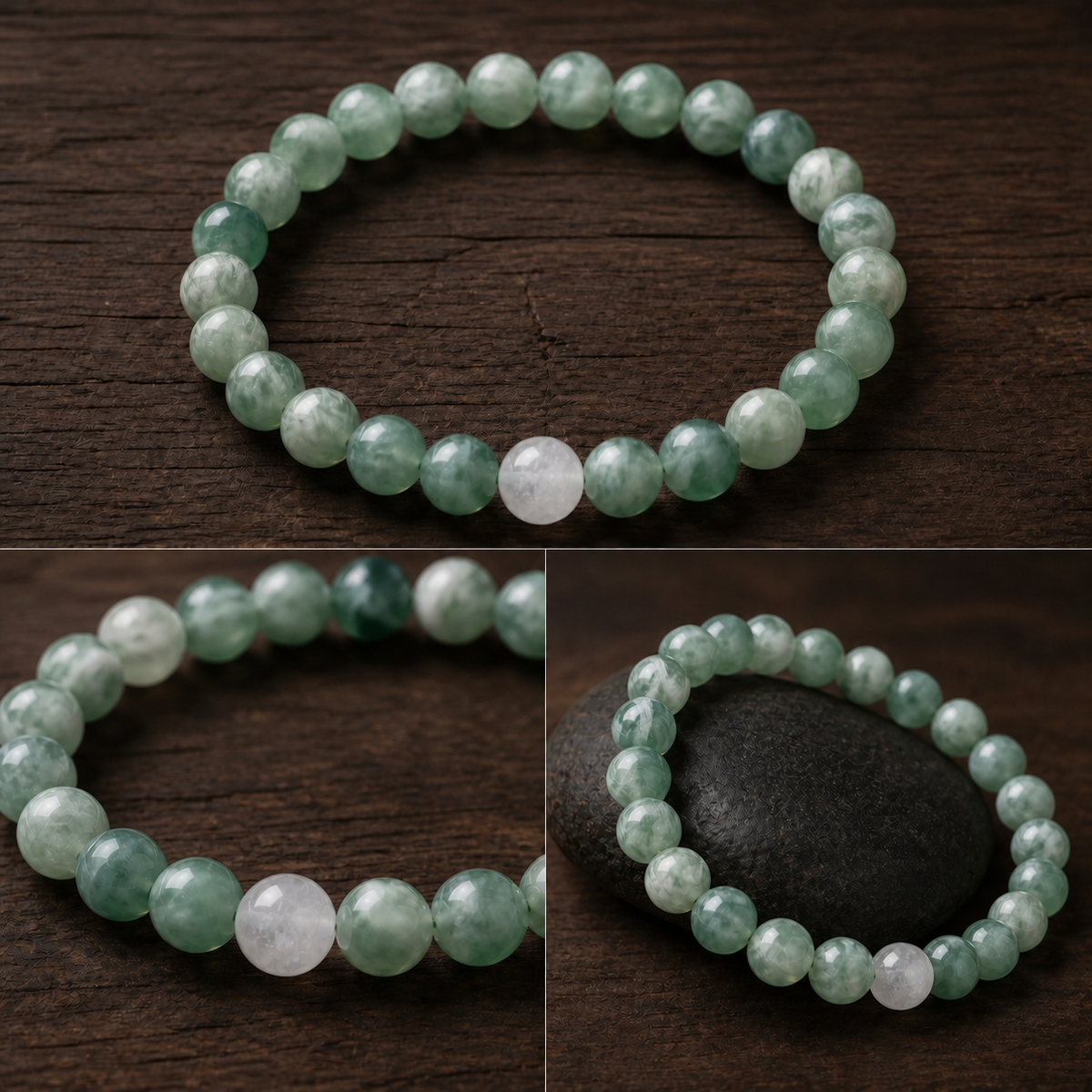 Multiple views of the 7MM natural green and white crystal bracelet showing bead color and natural variation