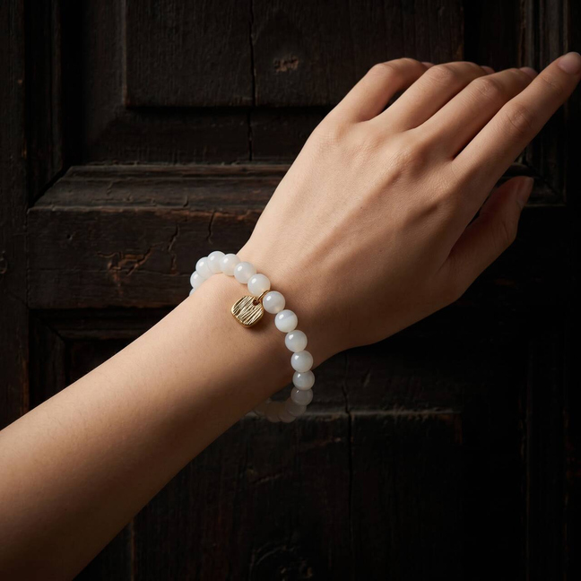 Natural 7mm Hetian jade bracelet worn on the wrist in soft natural light