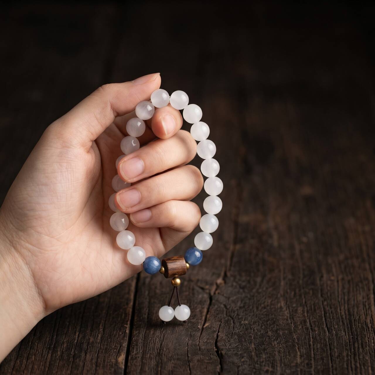 Close-up of creamy white 8mm natural Hetian jade beads