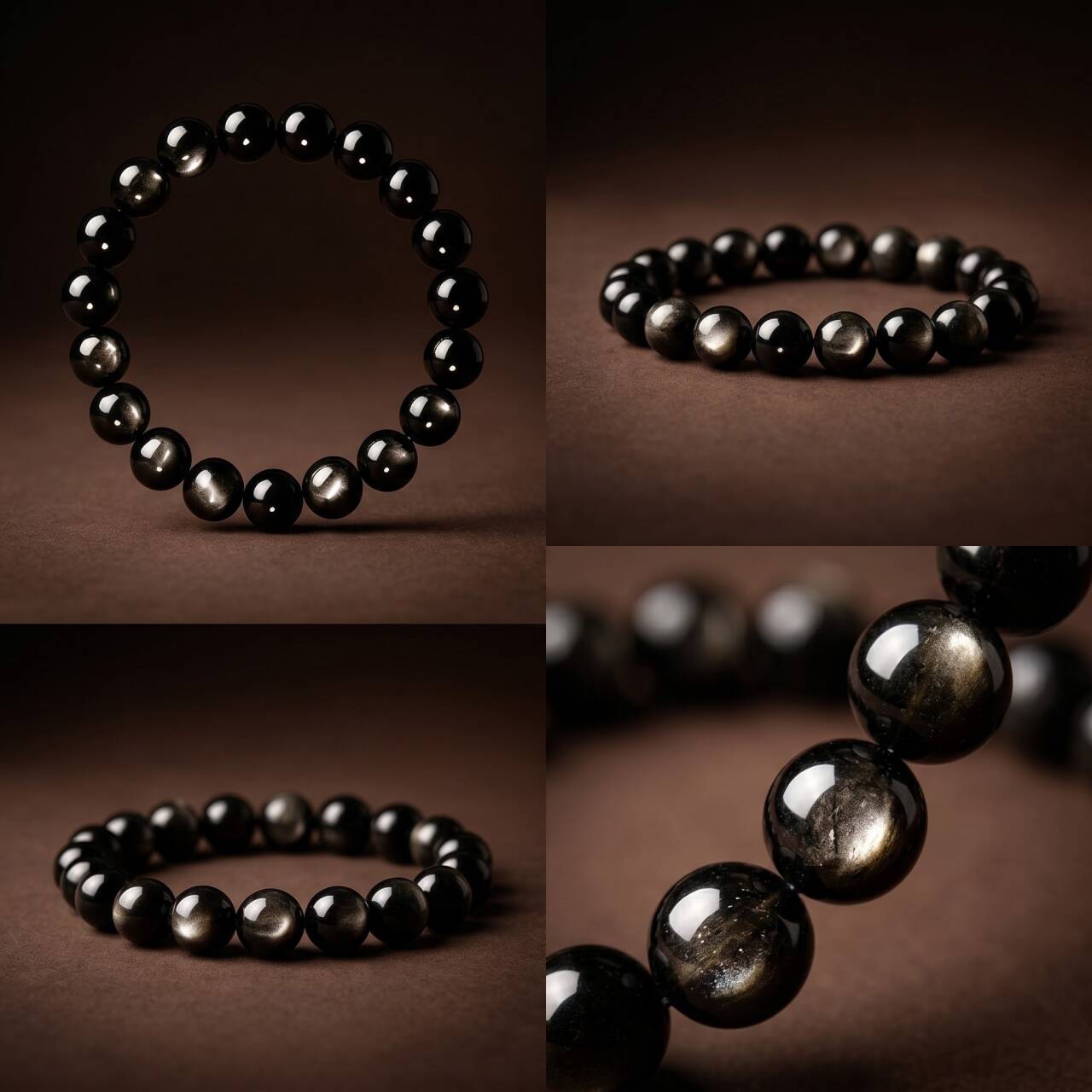 Close-up of deep black 10mm obsidian beads with golden-silver sheen