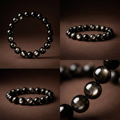 Close-up of deep black 10mm obsidian beads with golden-silver sheen