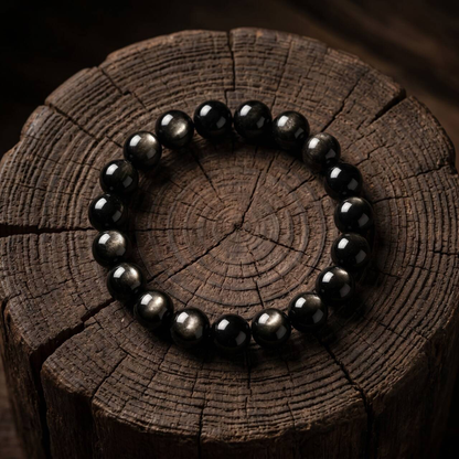 Natural 10mm obsidian bracelet with golden-silver sheen in the main product view
