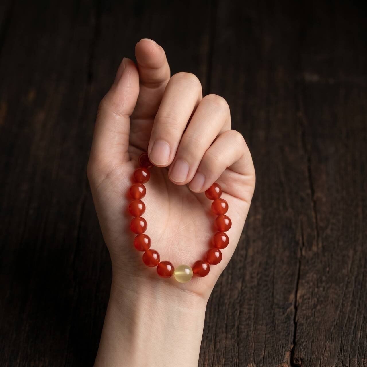 Natural 10mm Red Crystal bracelet held in hand under natural light