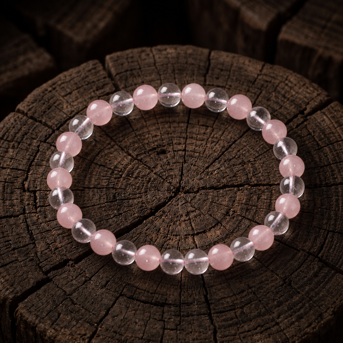Natural rose quartz and white crystal bracelet in 7MM beads on a dark brown wood background