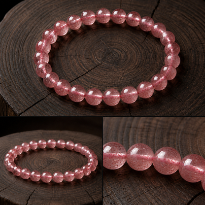 Multiple views of the 7MM natural strawberry quartz bracelet showing bead color and natural variation