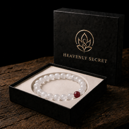 Heavenly Secret presentation packaging with the natural white phantom quartz bracelet