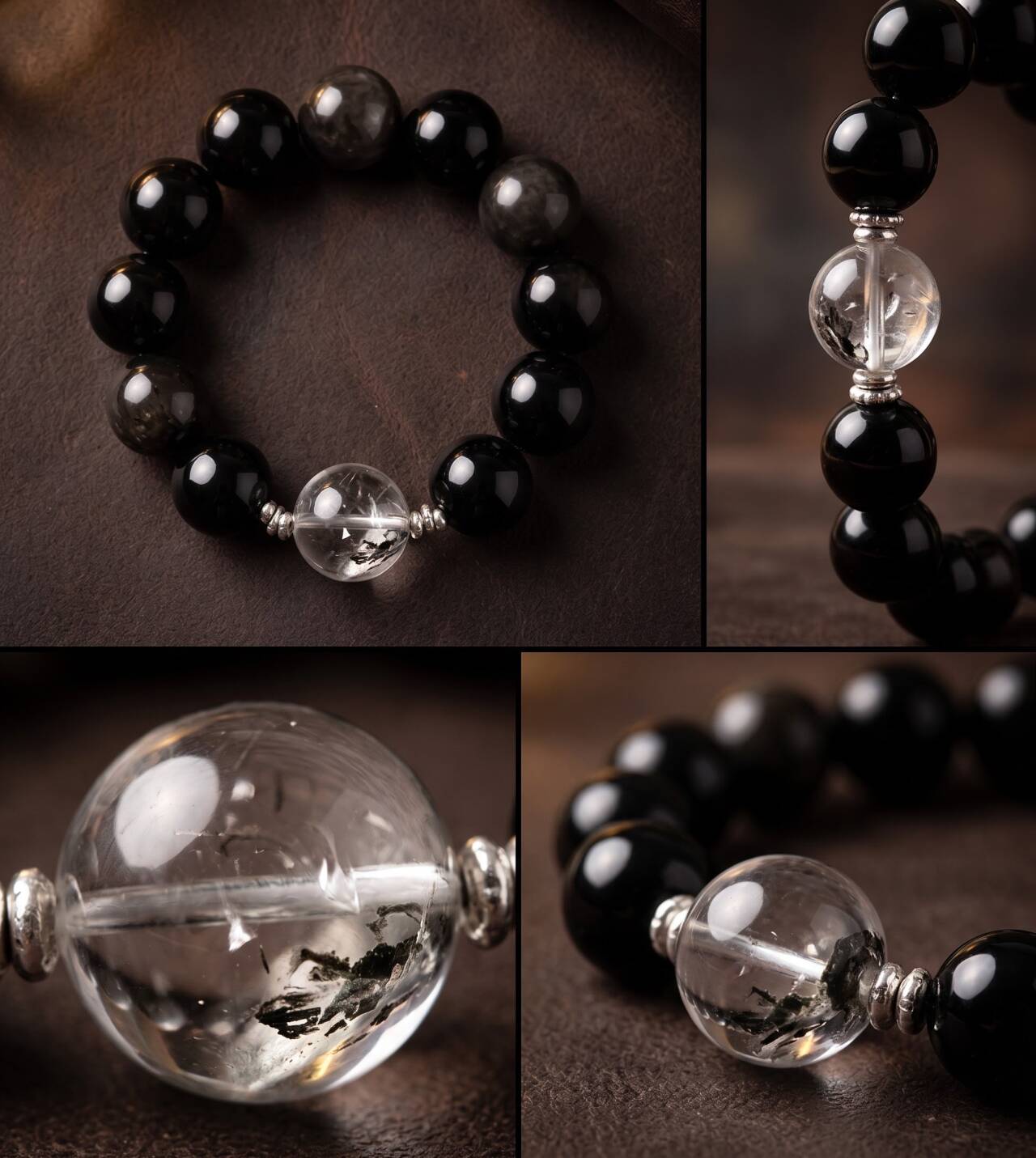 Detailed close-up of deep black 10mm obsidian bracelet beads