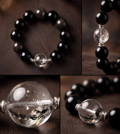 Detailed close-up of deep black 10mm obsidian bracelet beads
