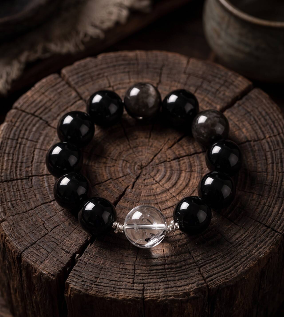 Round 10mm obsidian bead bracelet in the primary product image