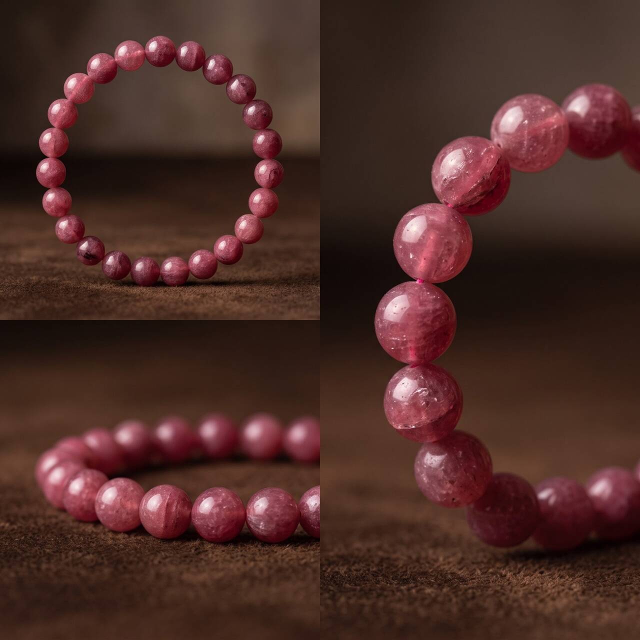 Close-up collage of deep rose-pink round beads with visible internal texture