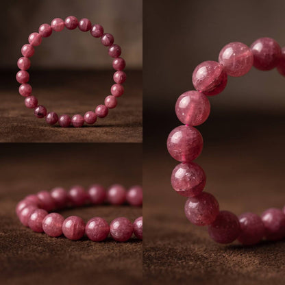 Close-up collage of deep rose-pink round beads with visible internal texture