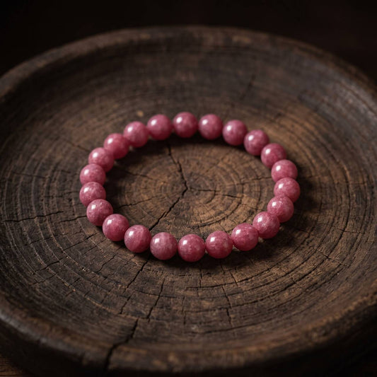Deep rose-pink round-bead bracelet arranged on a dark wooden surface
