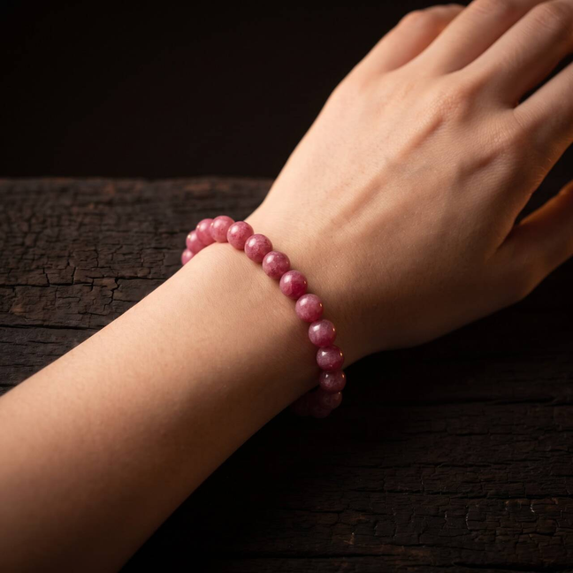 Deep rose-pink round-bead bracelet worn on a wrist over dark wood
