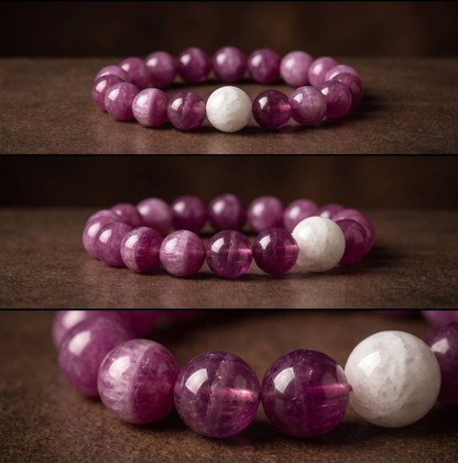 Close-up collage of translucent purple 10mm beads and one pale bead