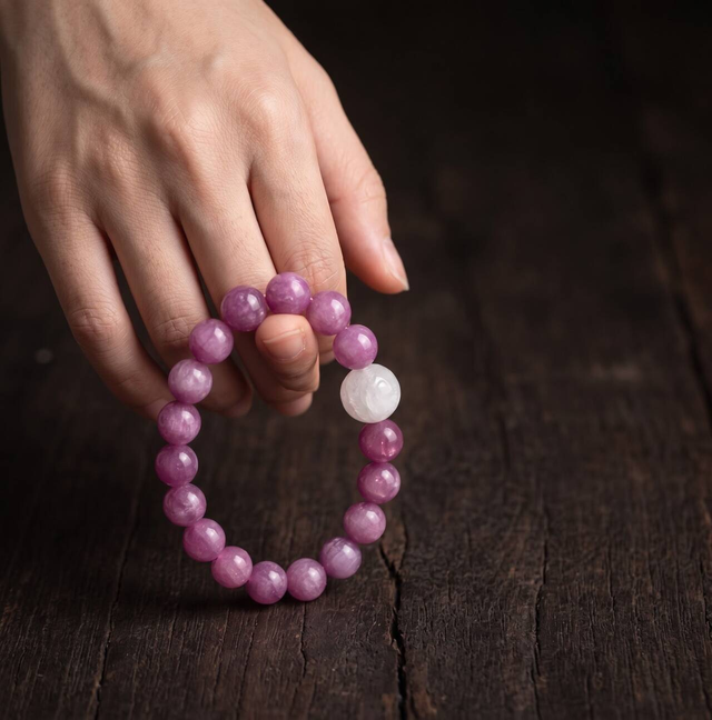Purple 10mm round-bead bracelet with one pale bead held over dark wood