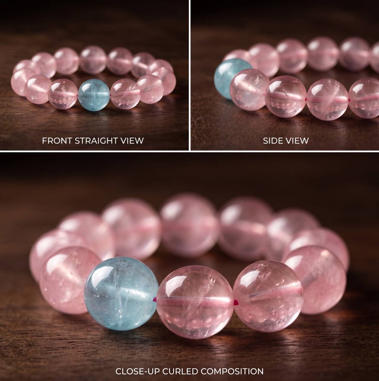 Close-up of 10mm rose quartz and aquamarine beads in soft pink and ocean-blue tones