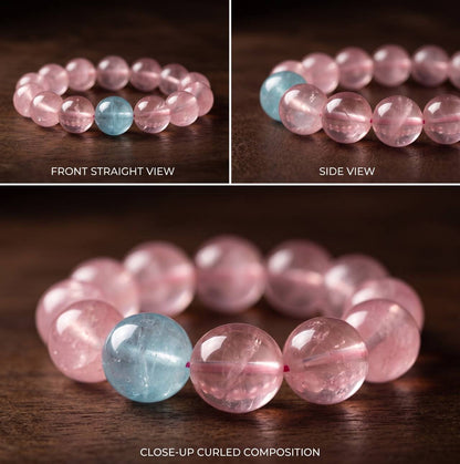 Close-up of 10mm rose quartz and aquamarine beads in soft pink and ocean-blue tones